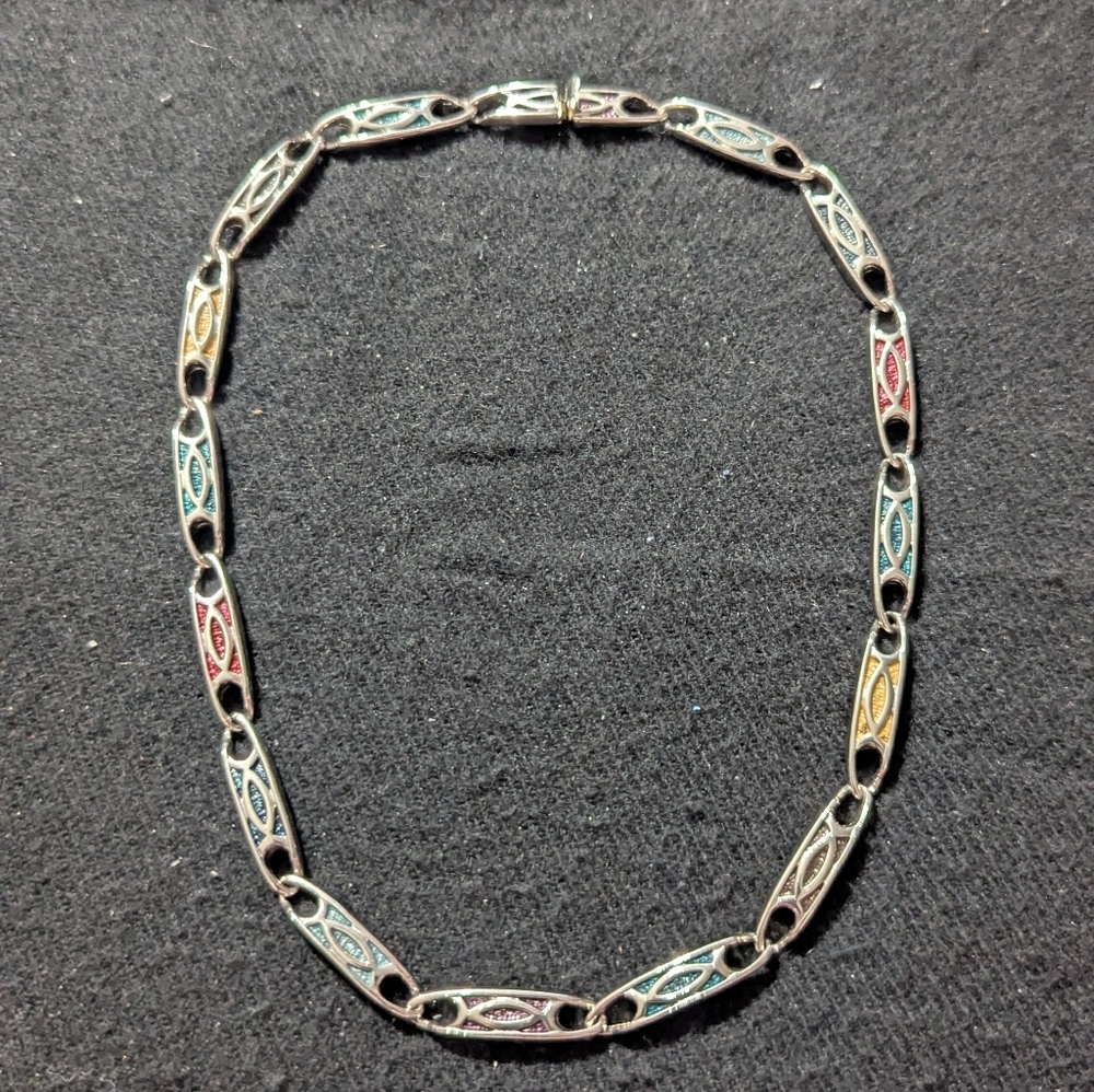 Silver Tone Multicolor Enamel Tennis Style Statement Necklace